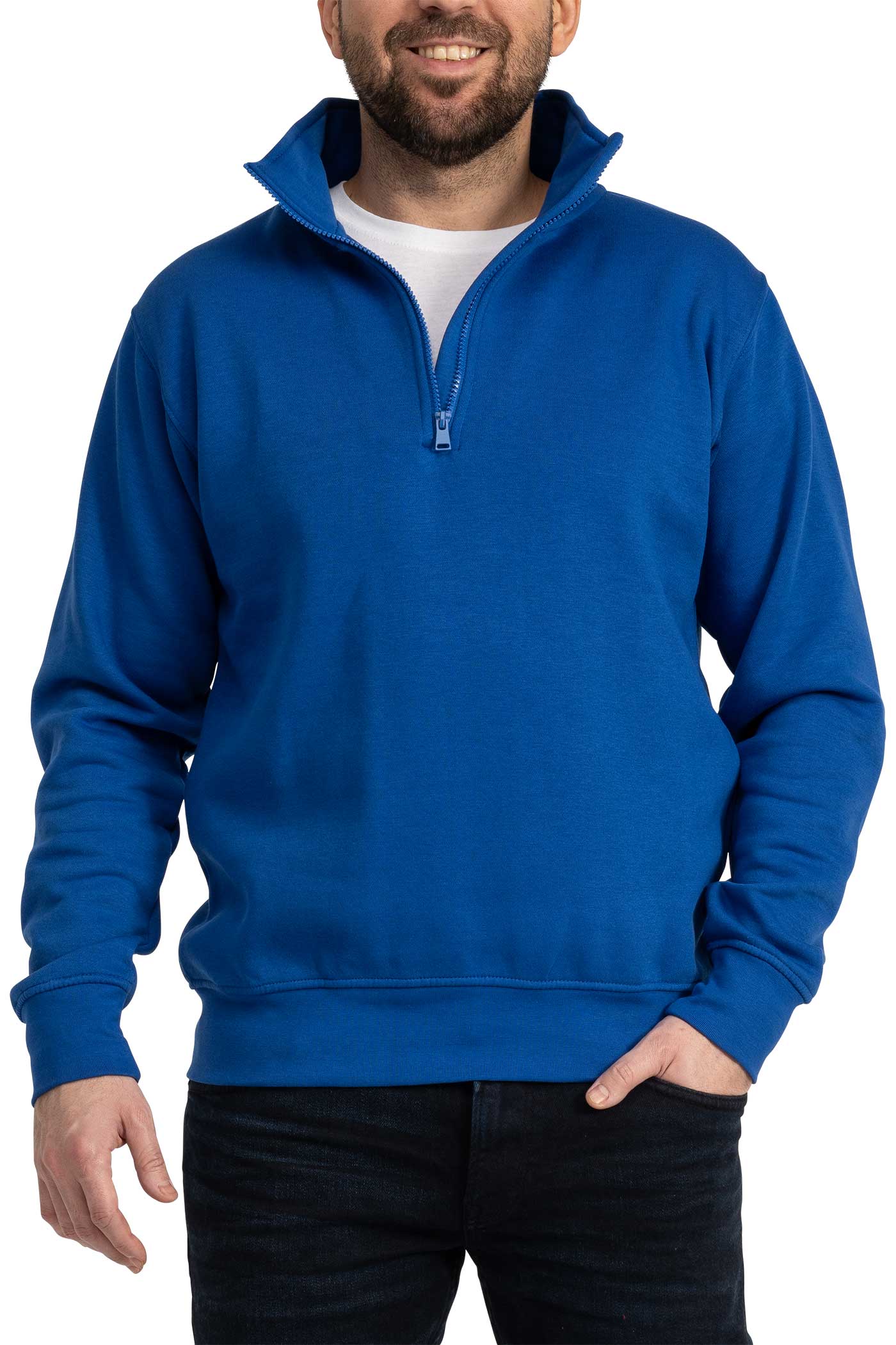 Herren Pullover mit kurzem Reißverschluss und Feinripp an Taille und Ärmeln in Blau