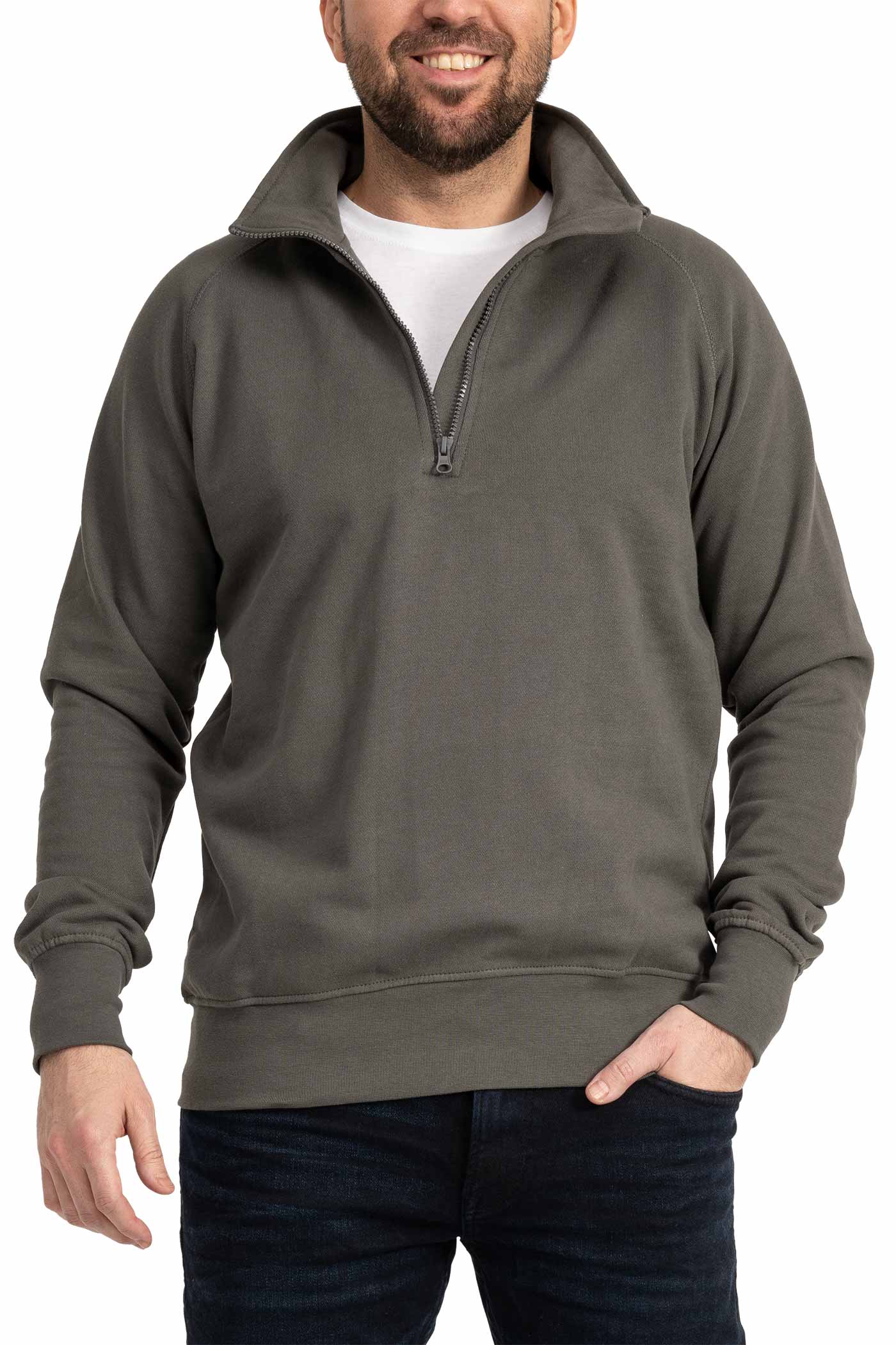 Herren Pullover mit halbem Reißverschluss und Feinripp in Anthrazit