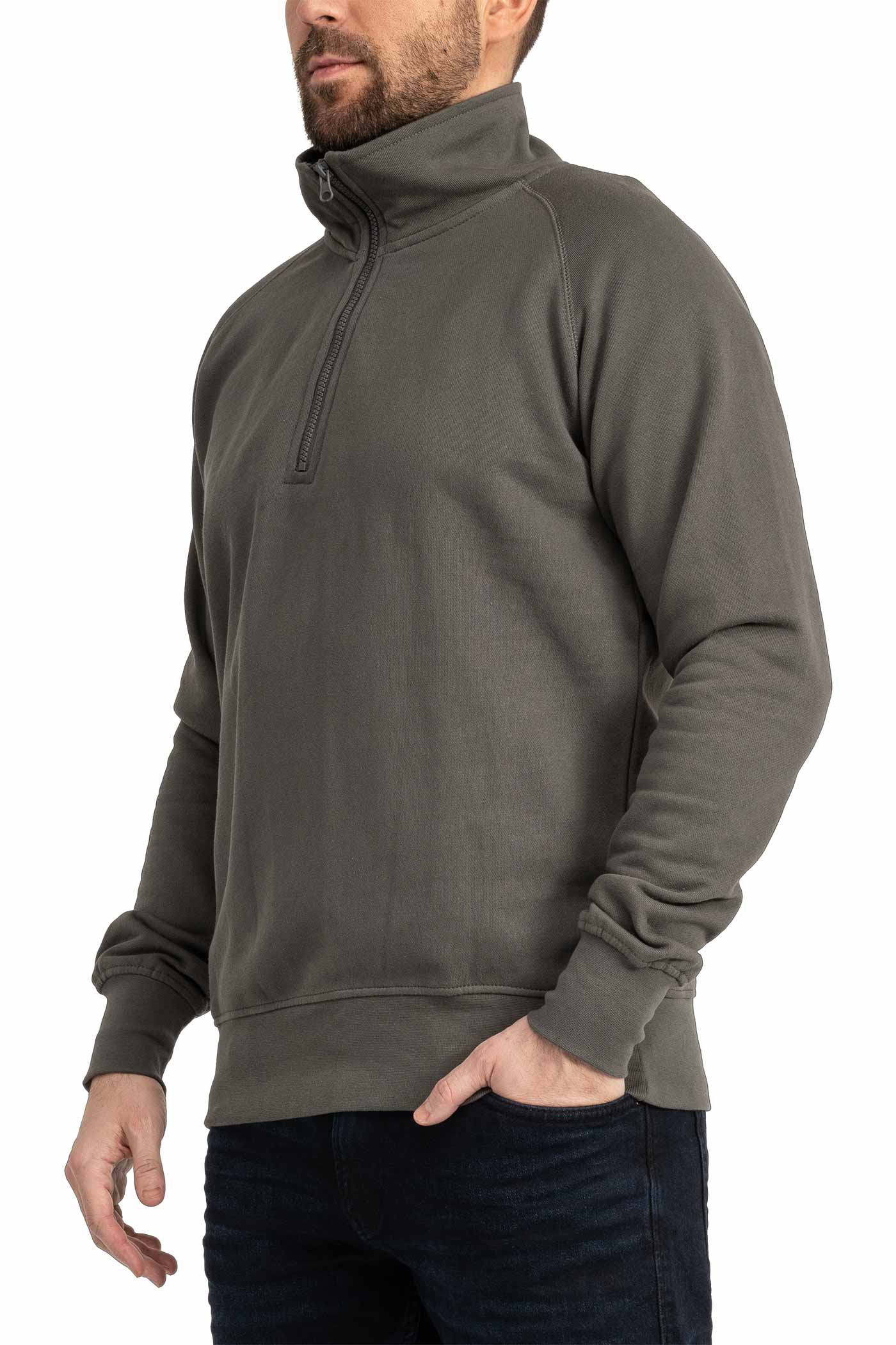 Herren Halfzip Pullover mit Feinripp an Taille & Ärmeln in Anthrazit