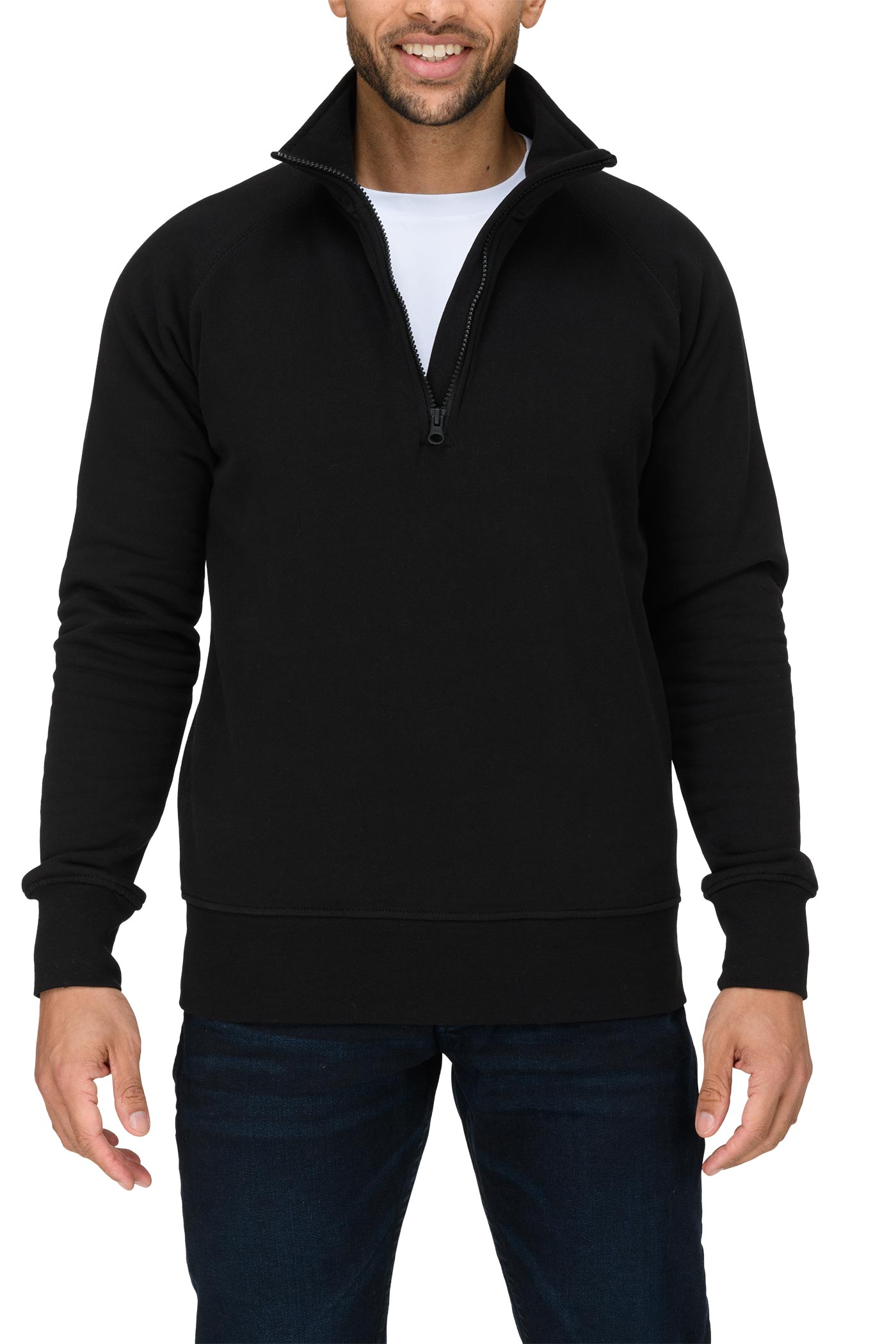 Herren Pullover mit halbem Reißverschluss und Feinripp in Schwarz