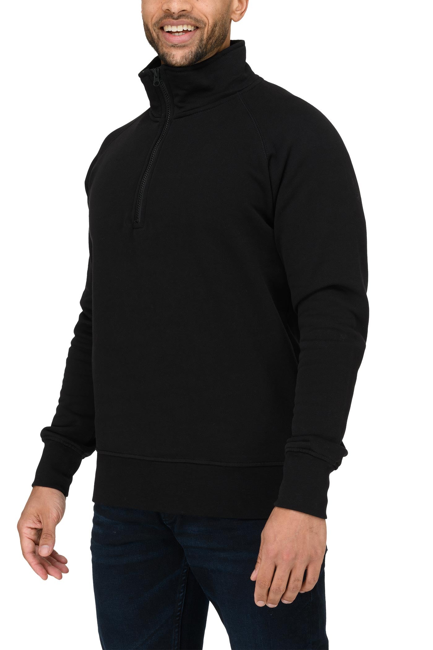 Herren Halfzip Pullover mit Feinripp an Taille & Ärmeln in Schwarz