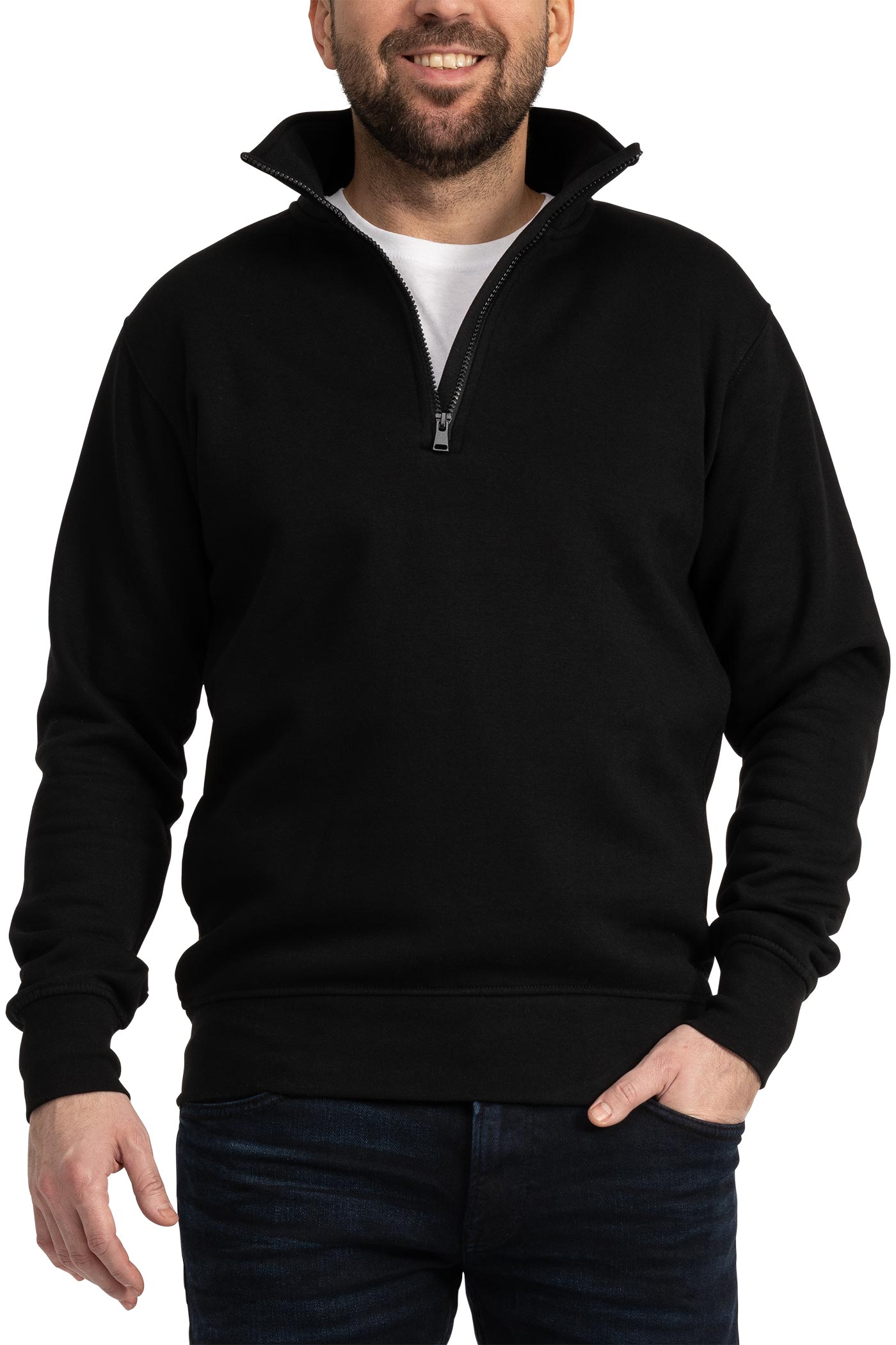 Herren Pullover mit kurzem Reißverschluss und Feinripp an Taille und Ärmeln in Schwarz