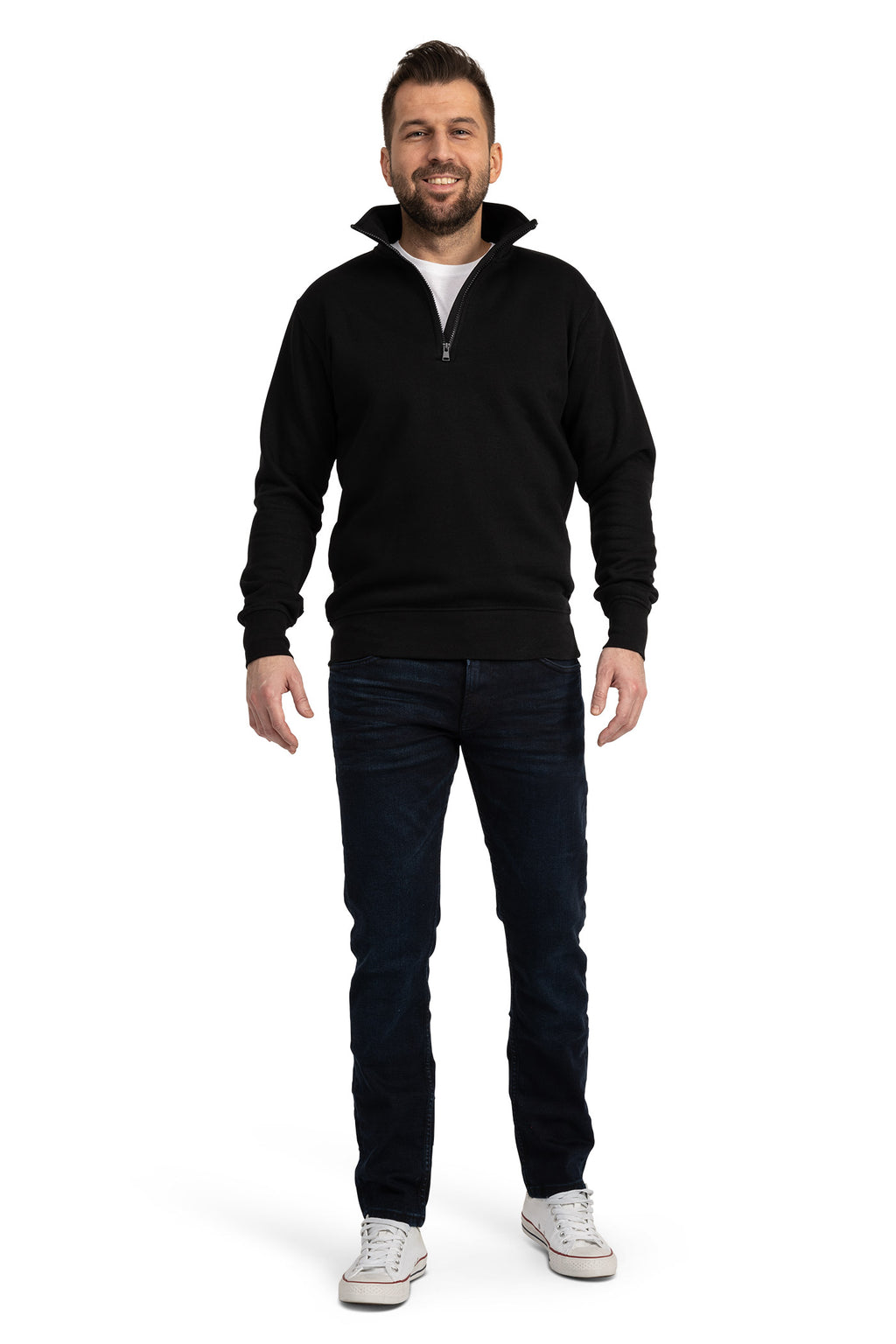 Herren Pullover mit viertel Reißverschluss und Stehkragen in Schwarz