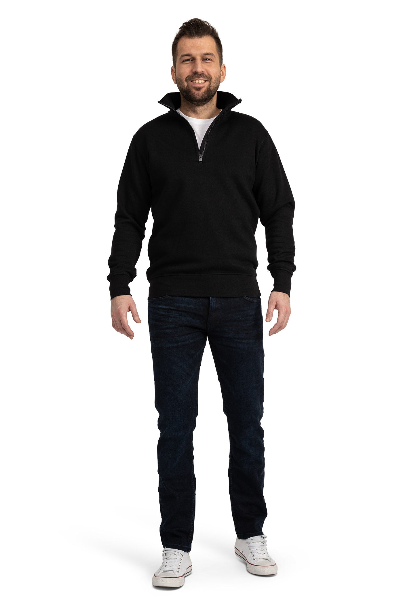 Herren Pullover mit viertel Reißverschluss und Stehkragen in Schwarz
