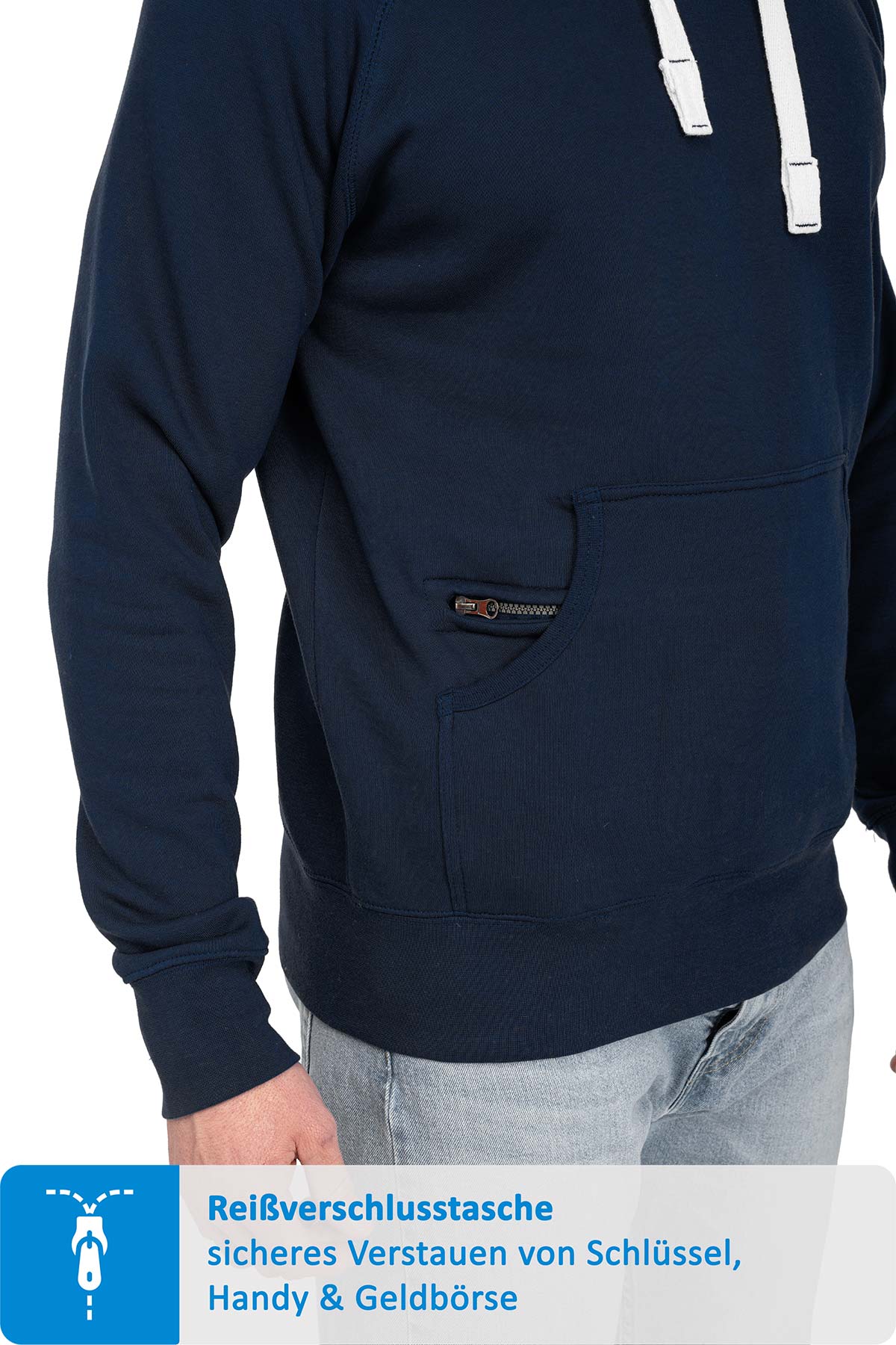 Herren Pullover mit Kapuze und Reißverschlussfach in Dunkelblau