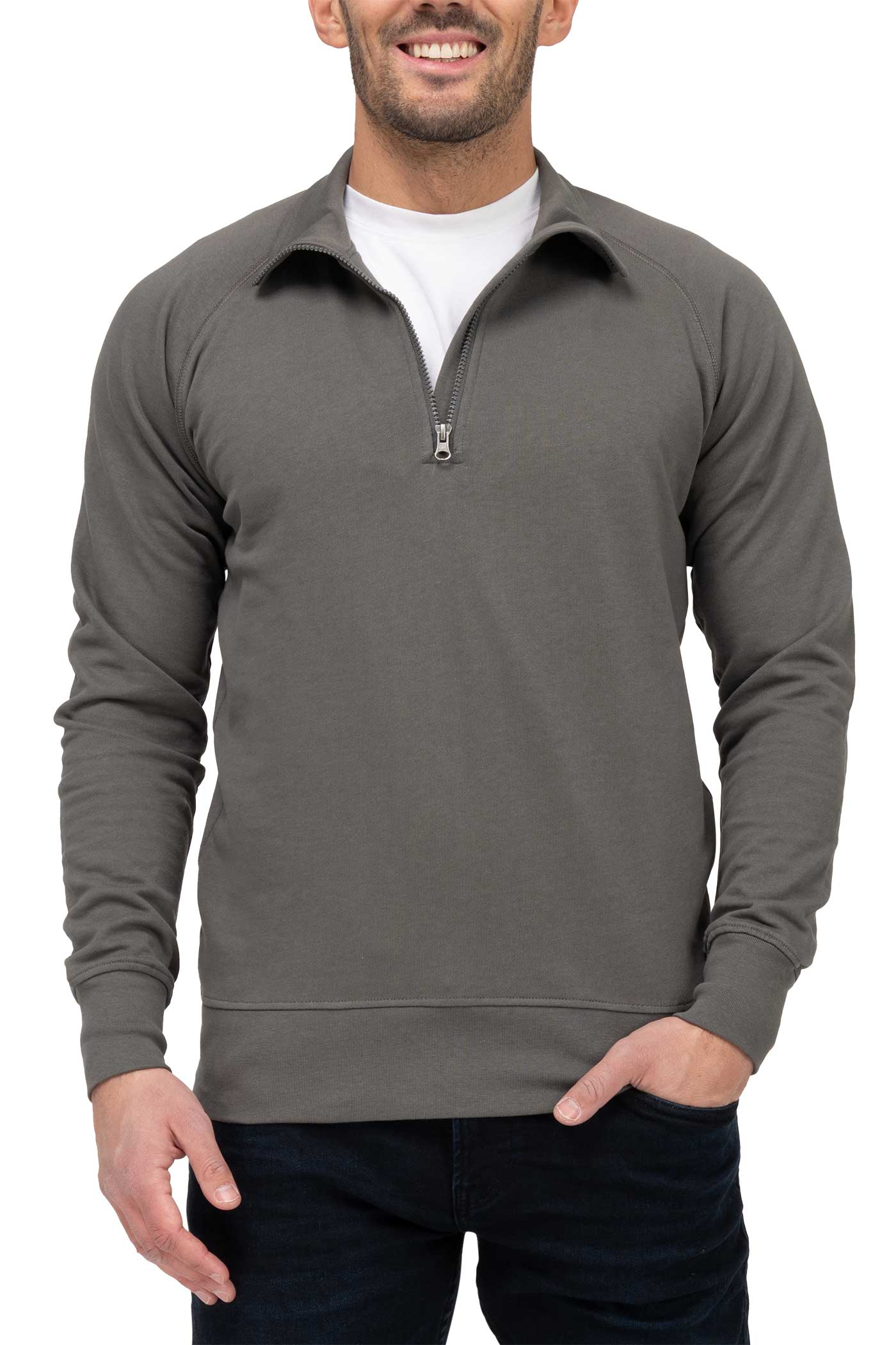 Herren Pullover leicht mit Stehkragen und halbem Reißverschluss in Anthrazit