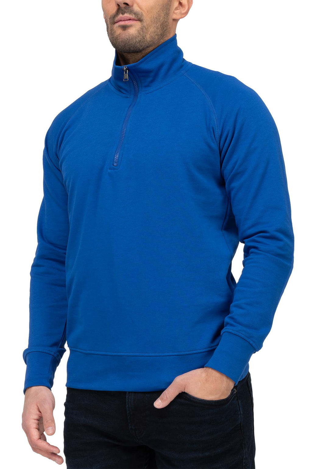 Herren Halfzip Pullover mit Stehkragen und Feinripp in Blau