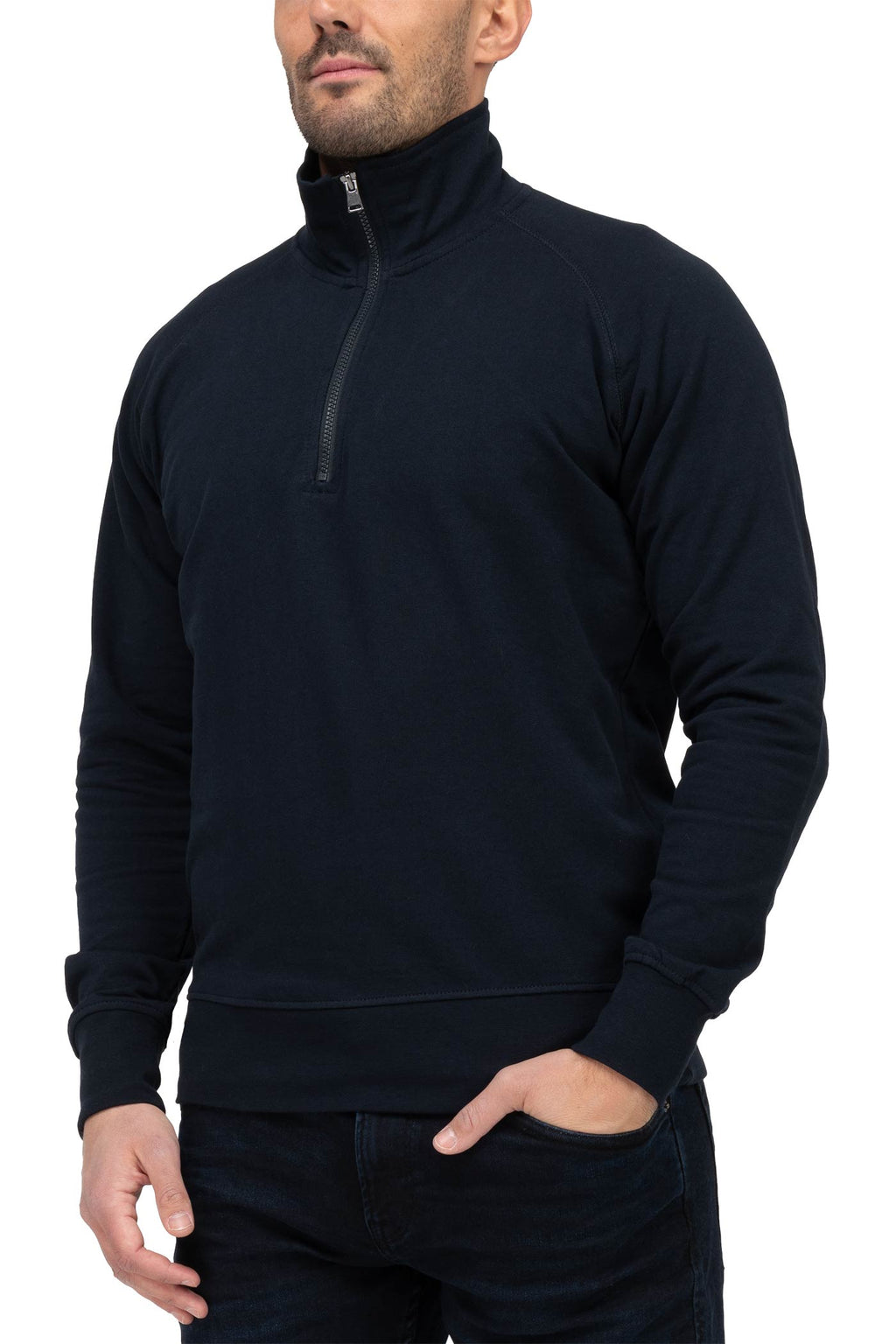 Herren Halfzip Pullover mit Stehkragen und Feinripp in Dunkelblau