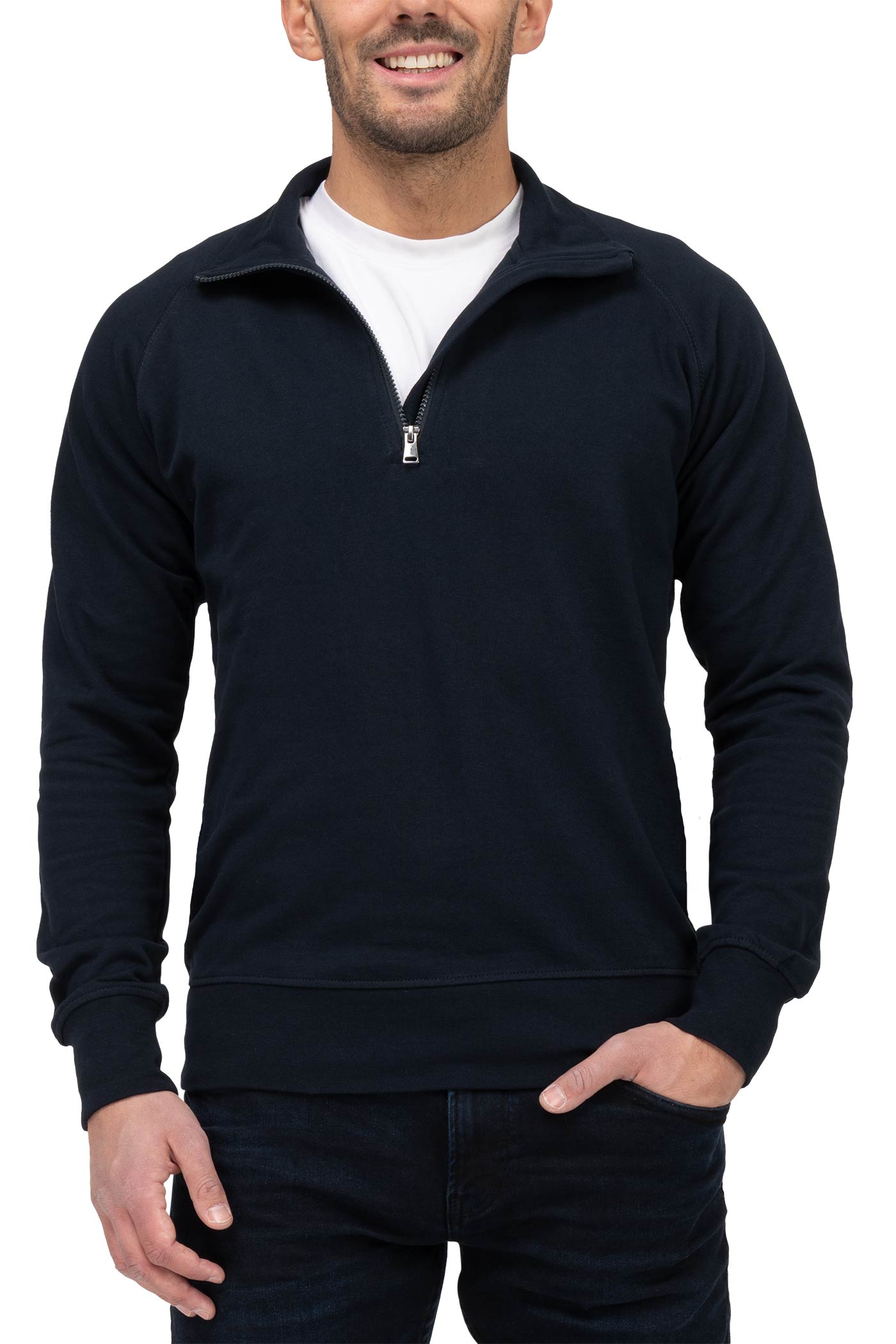 Herren Pullover leicht mit Stehkragen und halbem Reißverschluss in Dunkelblau