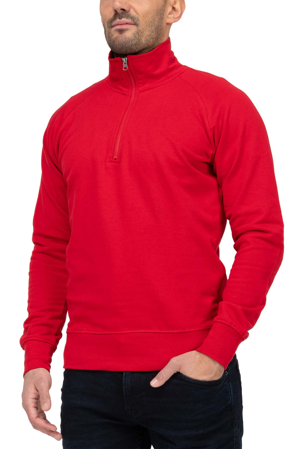 Herren Halfzip Pullover mit Stehkragen und Feinripp in Rot