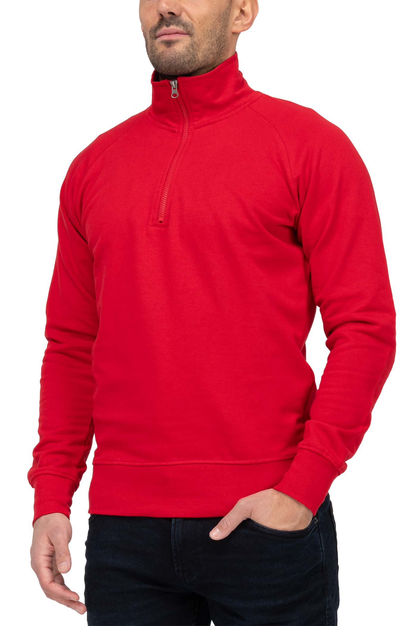 Herren Halfzip Pullover mit Stehkragen und Feinripp in Rot
