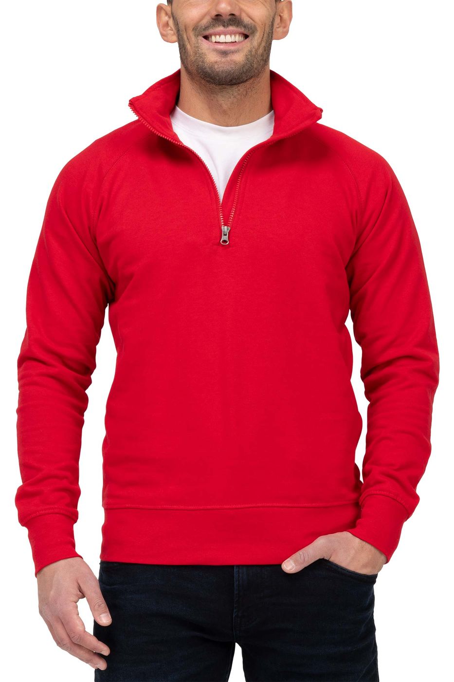 Herren Pullover leicht mit Stehkragen und halbem Reißverschluss in Rot