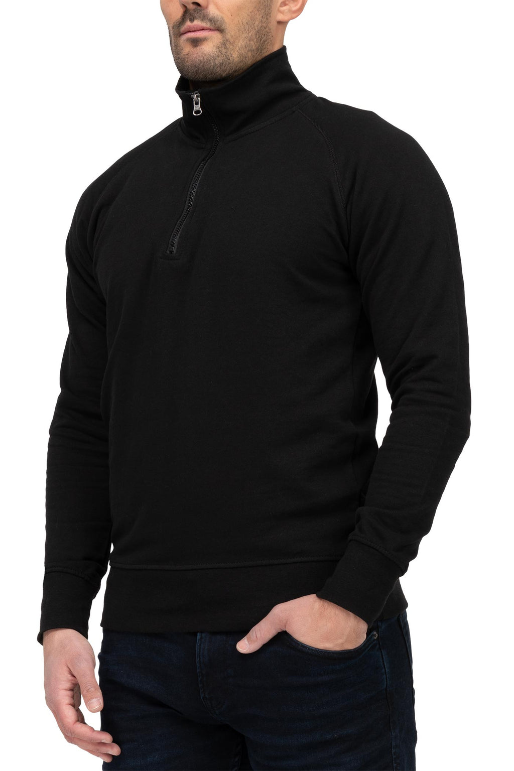 Herren Halfzip Pullover mit Stehkragen und Feinripp in Schwarz