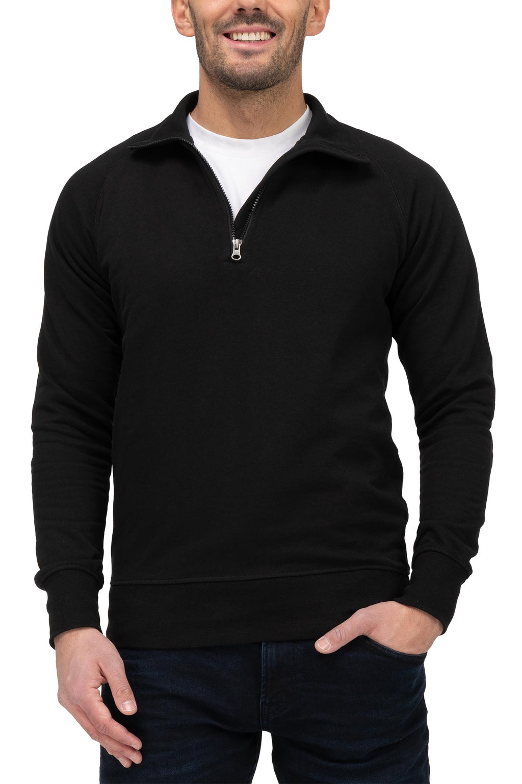 Herren Pullover leicht mit Stehkragen und halbem Reißverschluss in Schwarz
