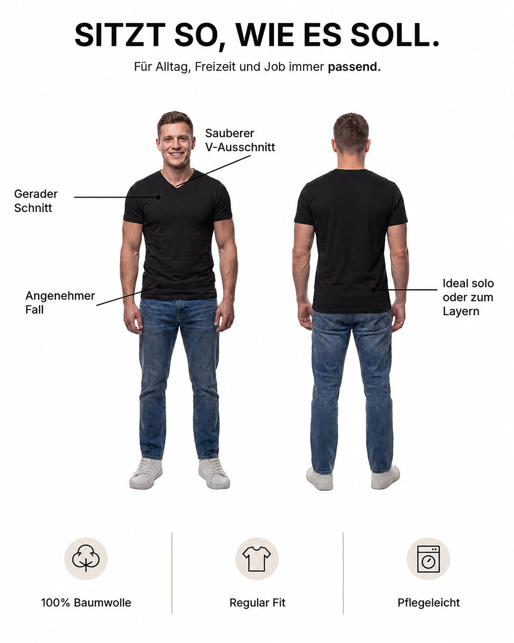 Herren T-Shirt 3er Pack V-Ausschnitt – V-Neck