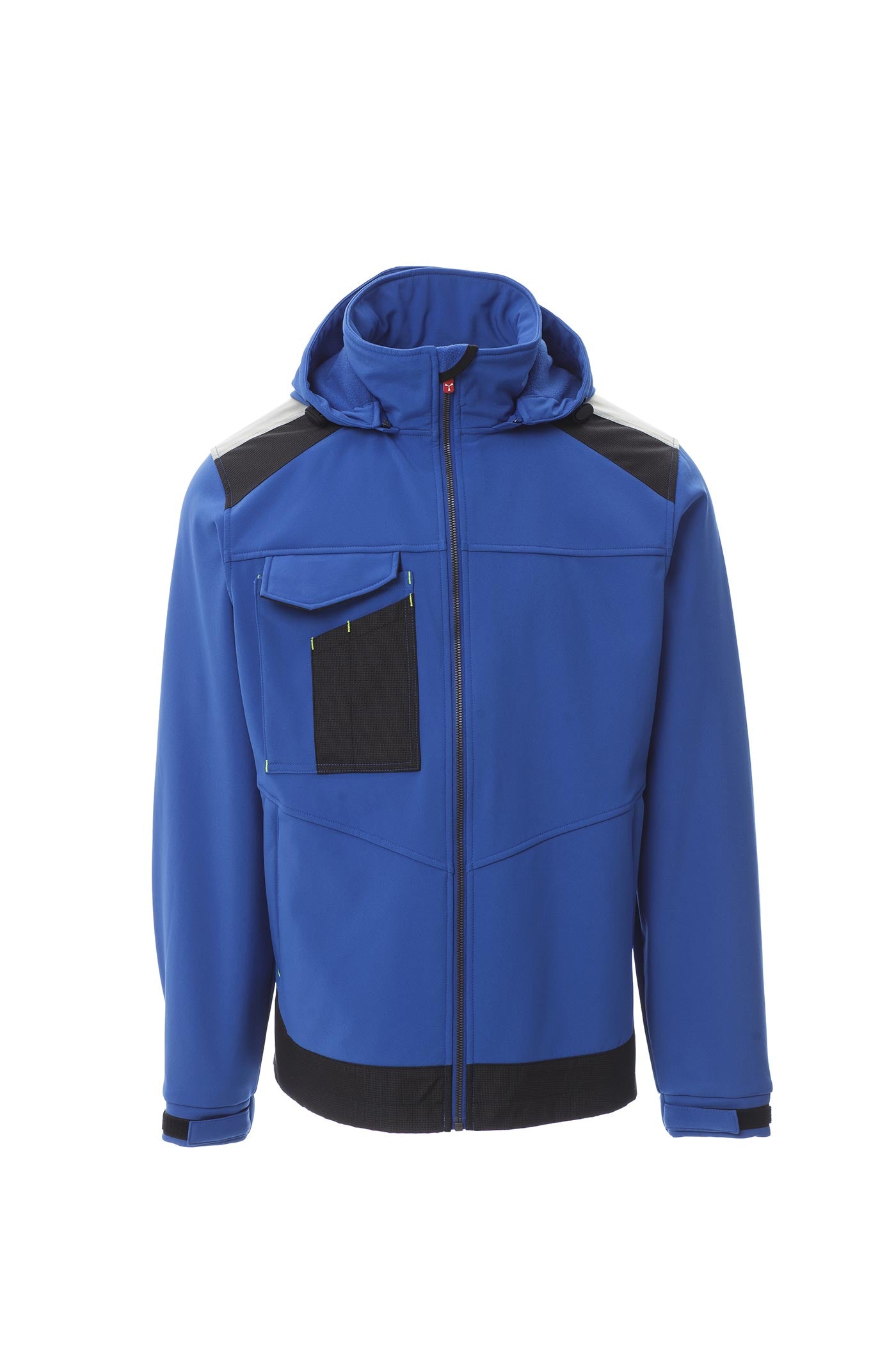 Herren Arbeitsjack Softshell mit vielen Taschen und Kapuze in Blau