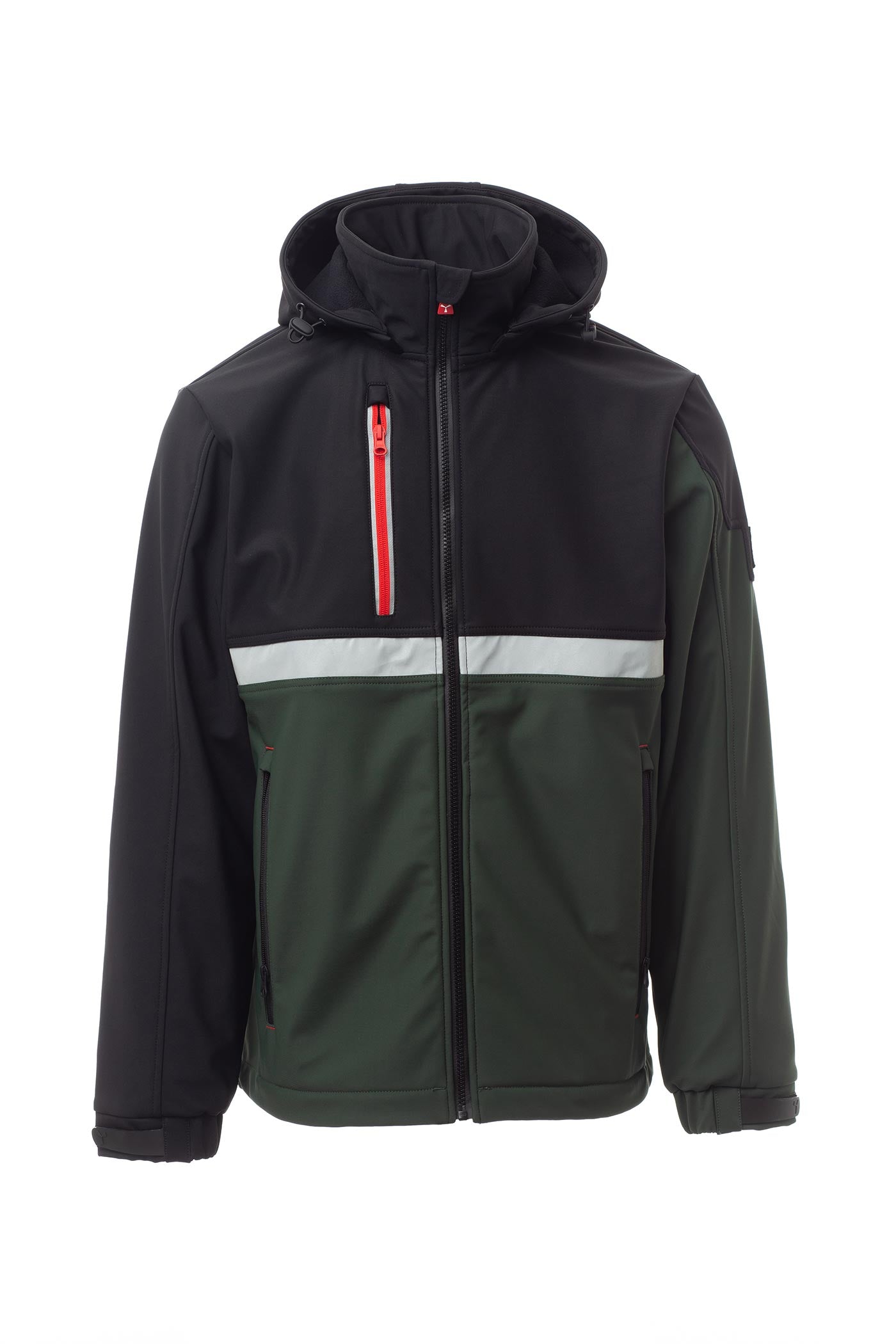 Herren Softshelljacke mit Reißverschlusstaschen und Kapuze in Grün