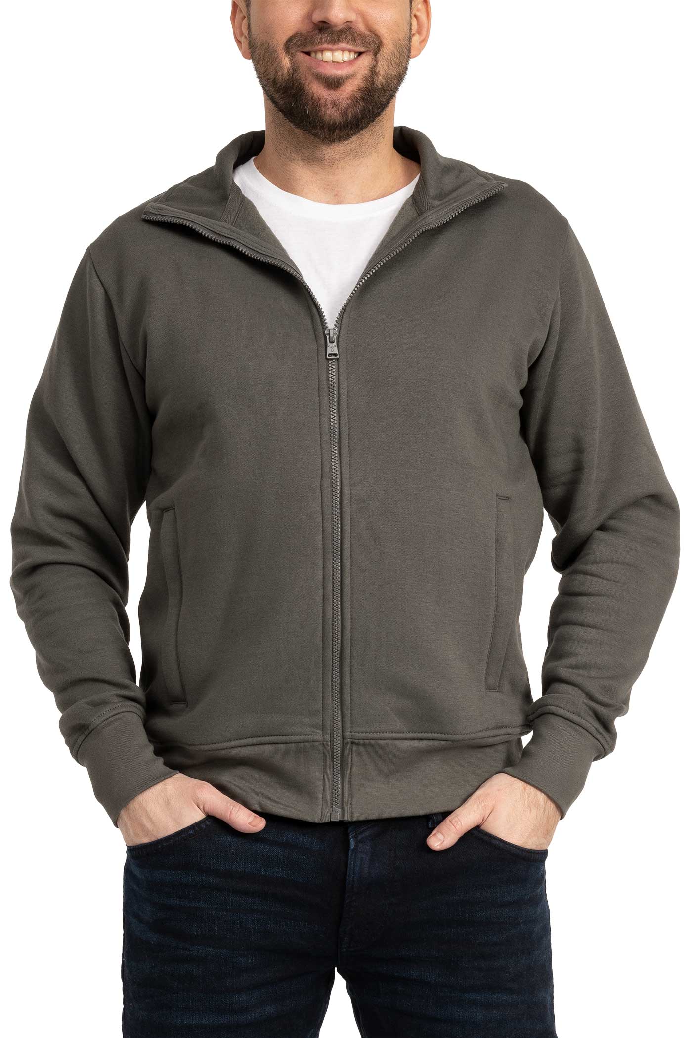 Herren Sweatjacke mit Reißverschlusstaschen und Stehkragen in Anthrazit