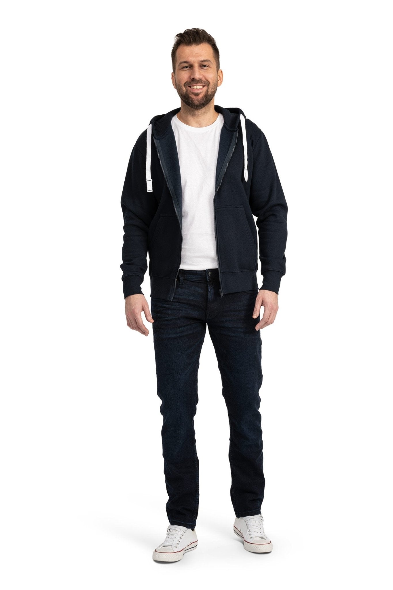 Herren Sweatjacke mit verstellbarer Kapuze und Seitentaschen in Dunkelblau