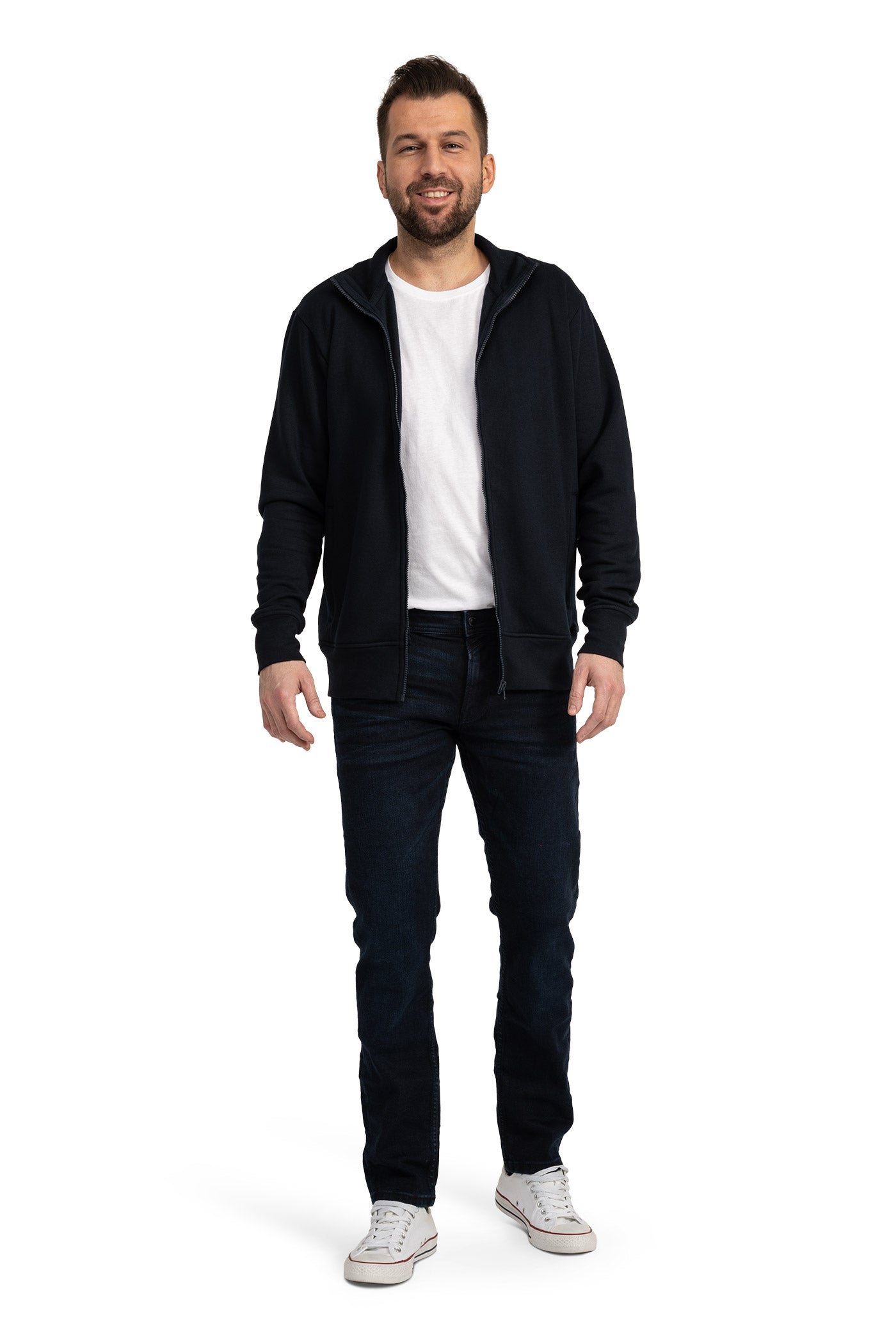 Herren Sweatjacke mit Stehkragen und Seitentaschen aus Baumwolle in Dunkelblau