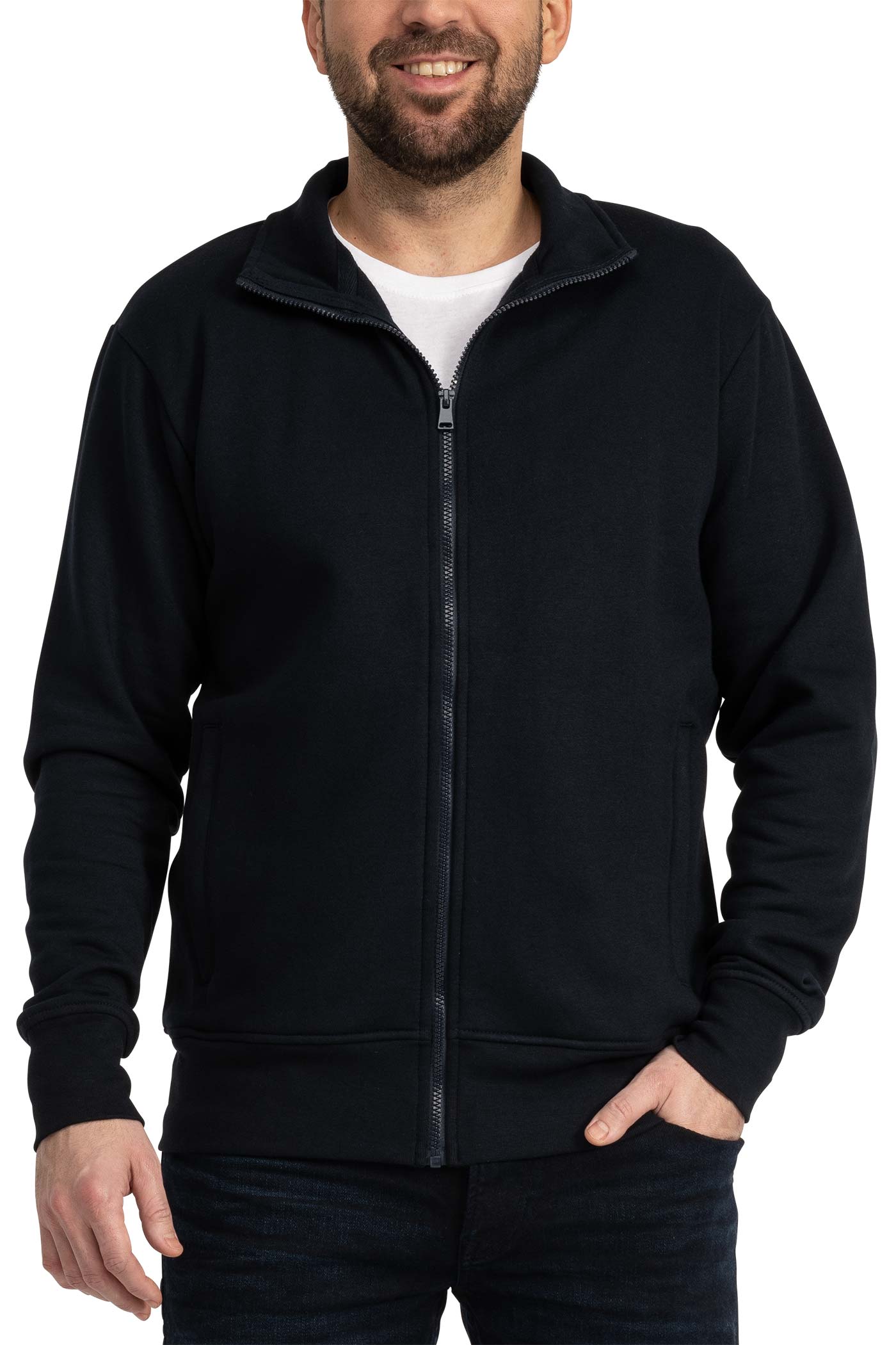 Herren Sweatjacke mit Reißverschlusstaschen und Stehkragen in Dunkelblau