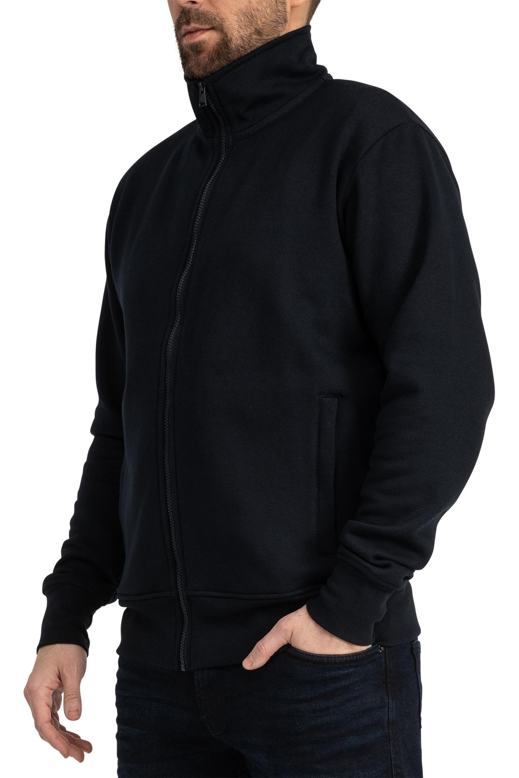 Herren Sweatjacke mit Stehkragen und Einstecktaschen in Dunkelblau