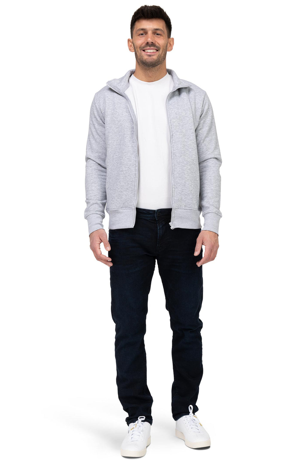 Herren Sweatjacke mit Stehkragen und Seitentaschen aus Baumwolle in Grau meliert