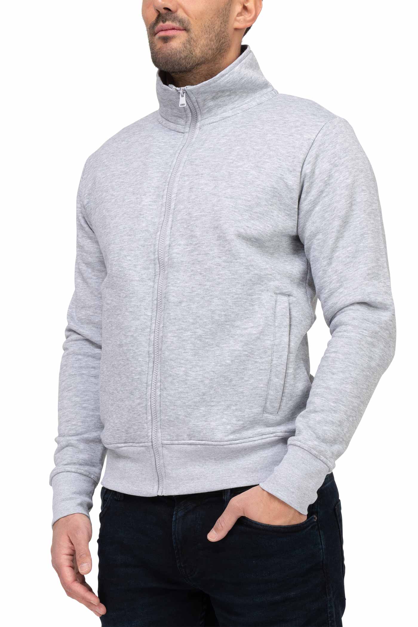 Herren Sweatjacke mit Stehkragen und Einstecktaschen in Grau meliert