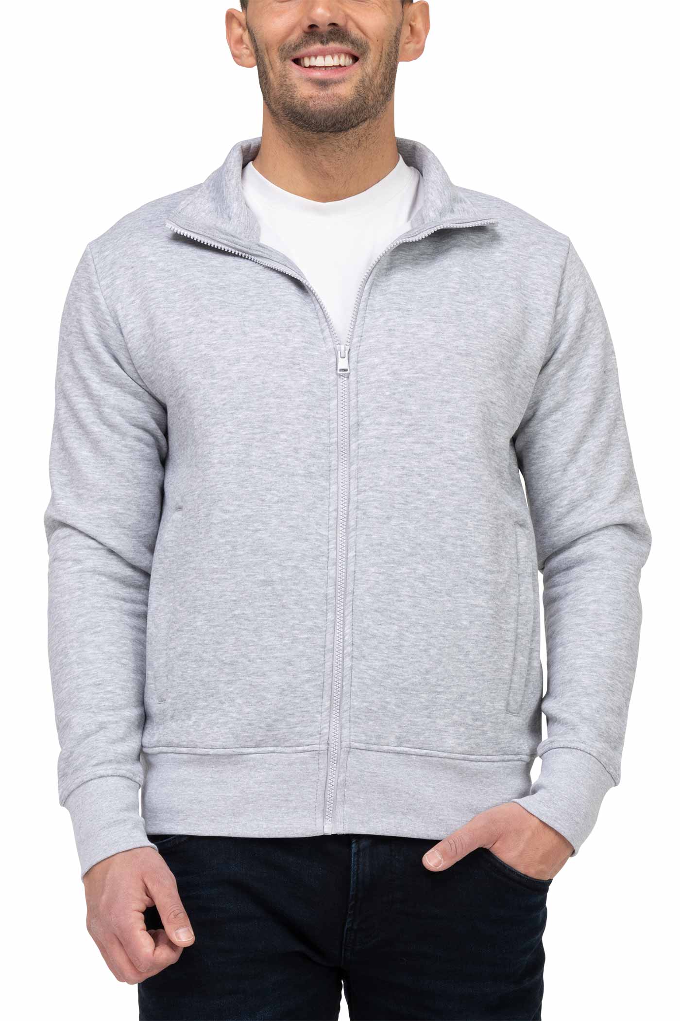 Herren Sweatjacke mit Reißverschlusstaschen und Stehkragen in Grau meliert
