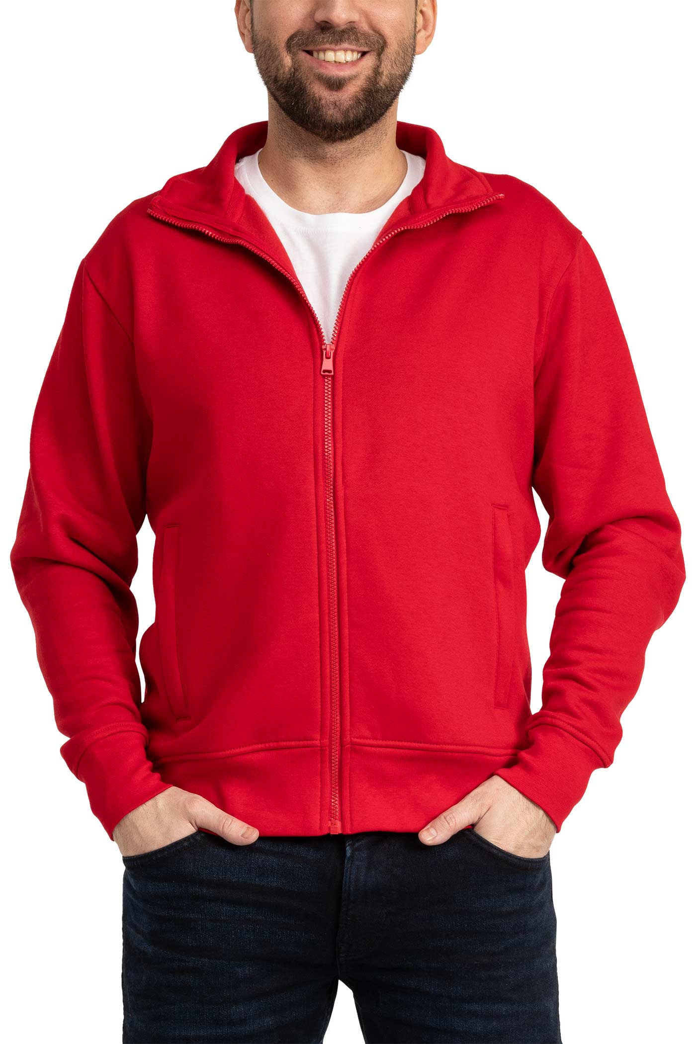 Herren Sweatjacke mit Reißverschlusstaschen und Stehkragen in Rot