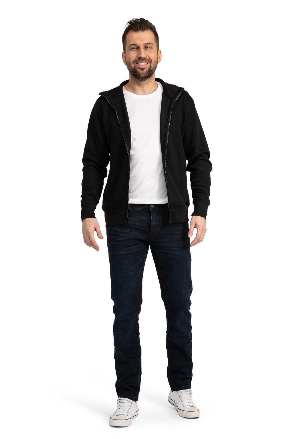Herren Sweatjacke mit Stehkragen und Seitentaschen aus Baumwolle in Schwarz