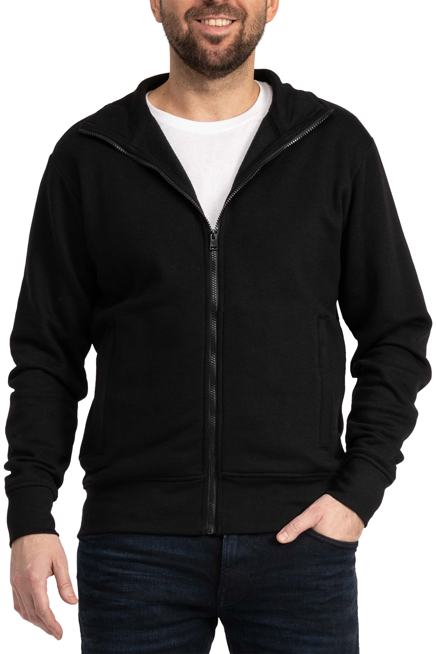 Herren Sweatjacke mit Reißverschlusstaschen und Stehkragen in Schwarz