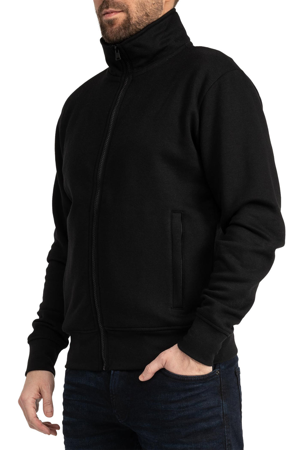 Herren Sweatjacke mit Stehkragen und Einstecktaschen in Schwarz