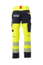 Herren Warnschutzhose mit Gesäßtaschen und dehnbarem Material und Bund in Gelb-Dunkelblau