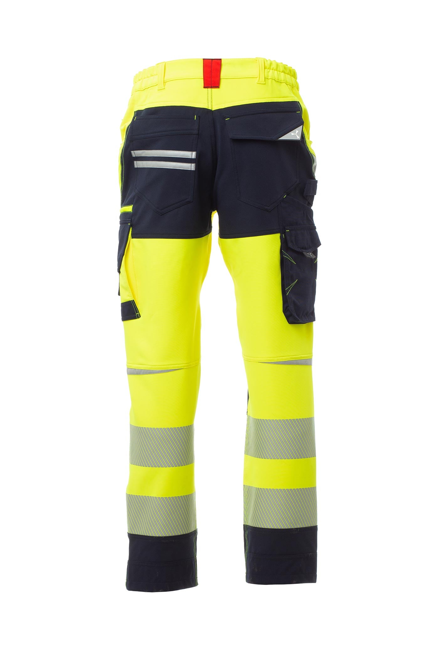 Herren Warnschutzhose mit Gesäßtaschen und dehnbarem Material und Bund in Gelb-Dunkelblau