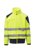 Herren Softshelljacke Warnschutz mit Kapuze und Reißverschlusstaschen in Gelb