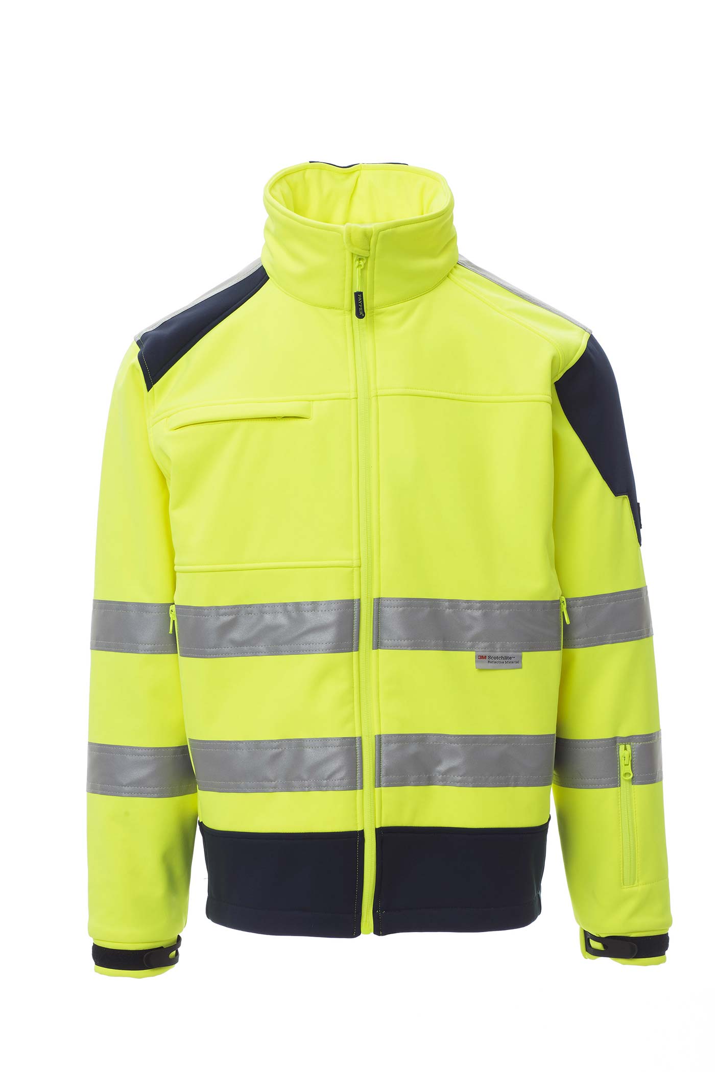 Herren Softshelljacke Warnschutz mit Kapuze und Reißverschlusstaschen in Gelb