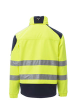 Herren Warnschutzjacke Softshell mit Reflexstreifen und Kapuze in Gelb