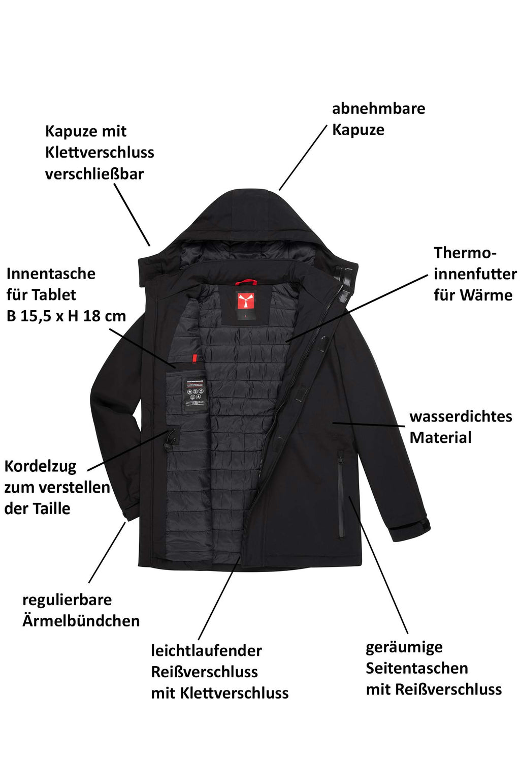 Herren Winterjacke gefüttert mit Seitentasche, Kapuze und Reißverschluss in Schwarz