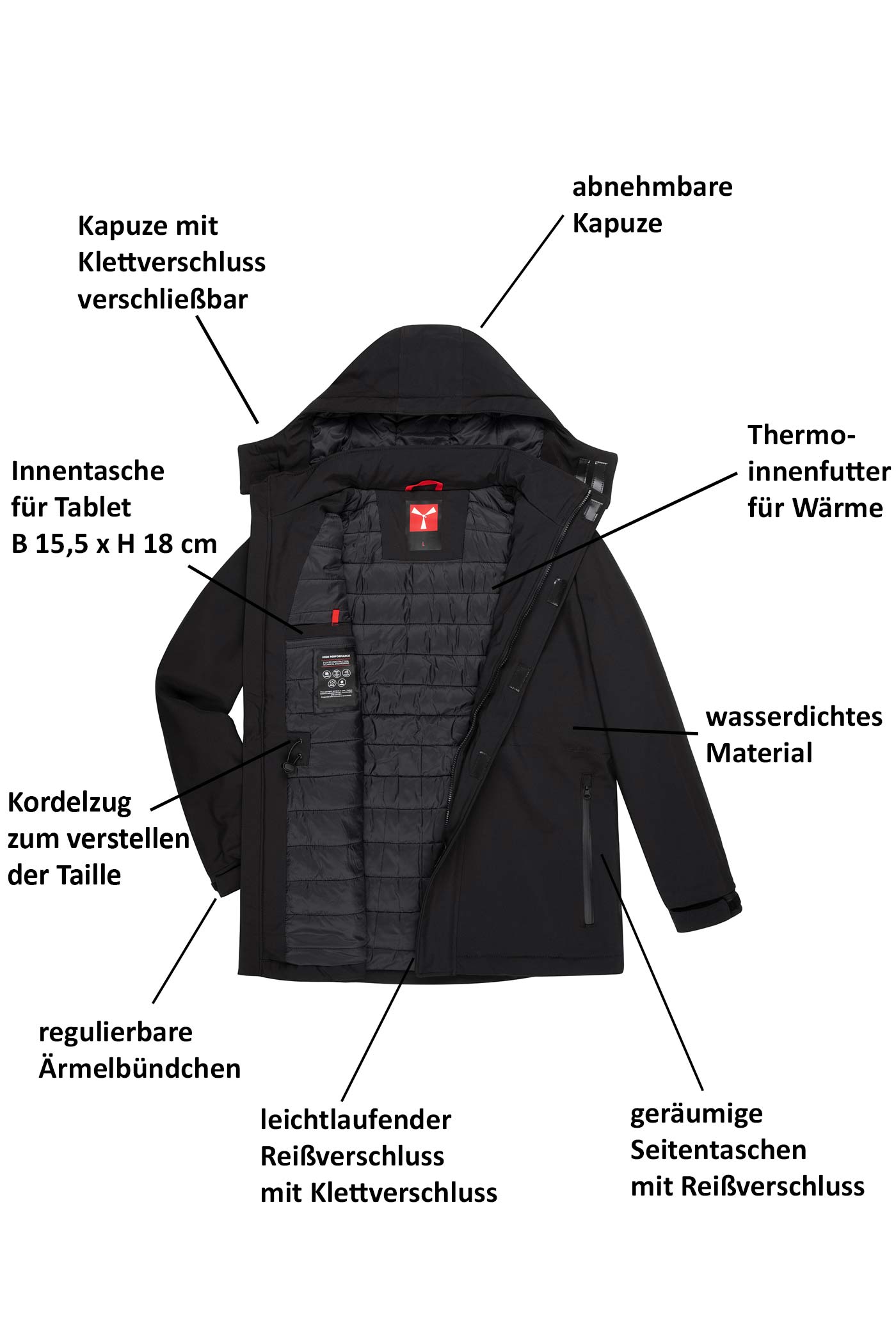 Herren Winterjacke gefüttert mit Seitentasche, Kapuze und Reißverschluss in Schwarz