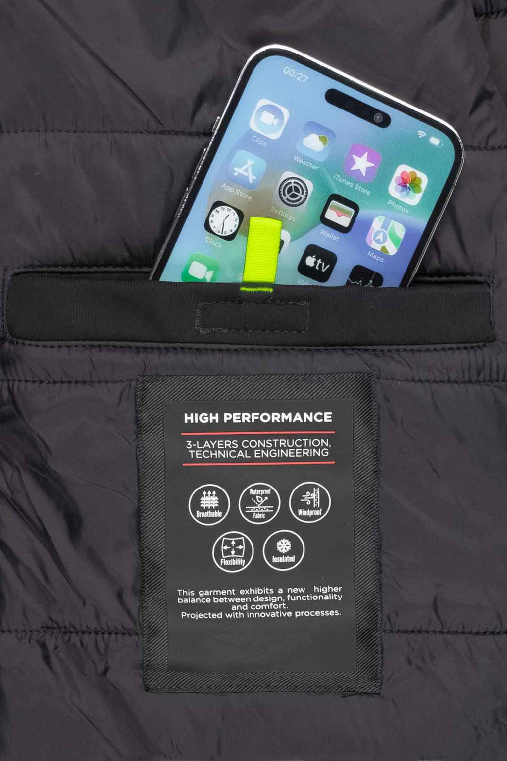 Herren Winterjacke Handytasche und Tablettasche mit Klettverschluss in Schwarz