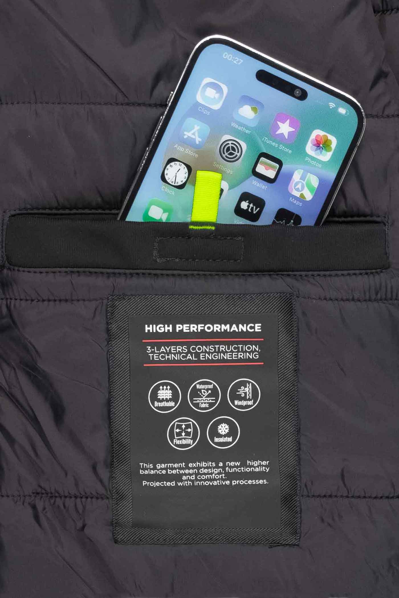 Herren Winterjacke Handytasche und Tablettasche mit Klettverschluss in Schwarz