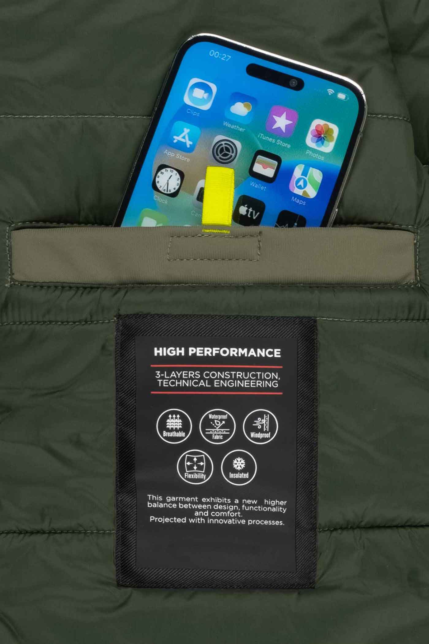 Herren Winterjacke Handytasche und Tablettasche mit Klettverschluss in Olivgrün