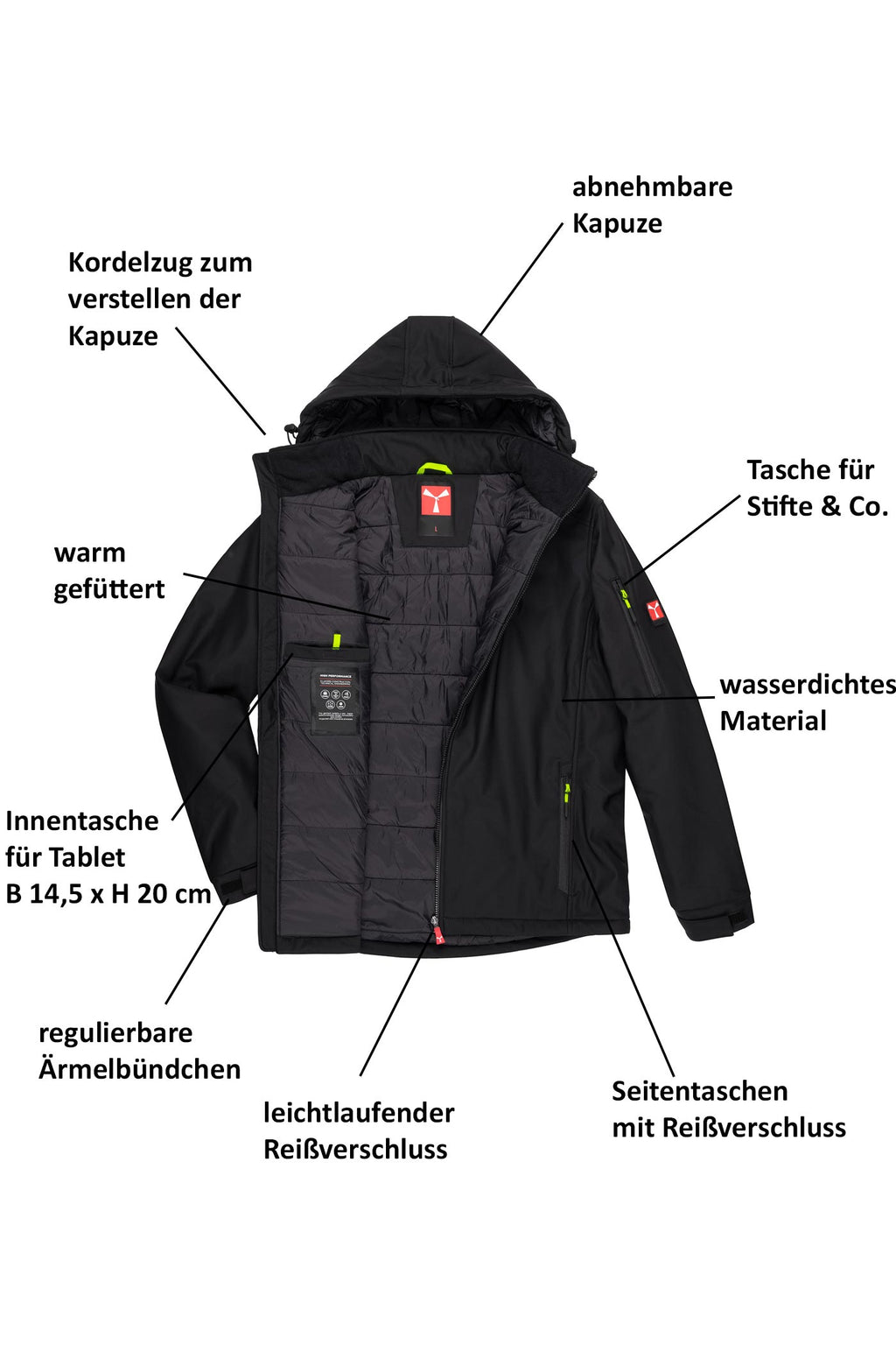 Winterjacke Herren Softshell mit vielen Taschen in Schwarz
