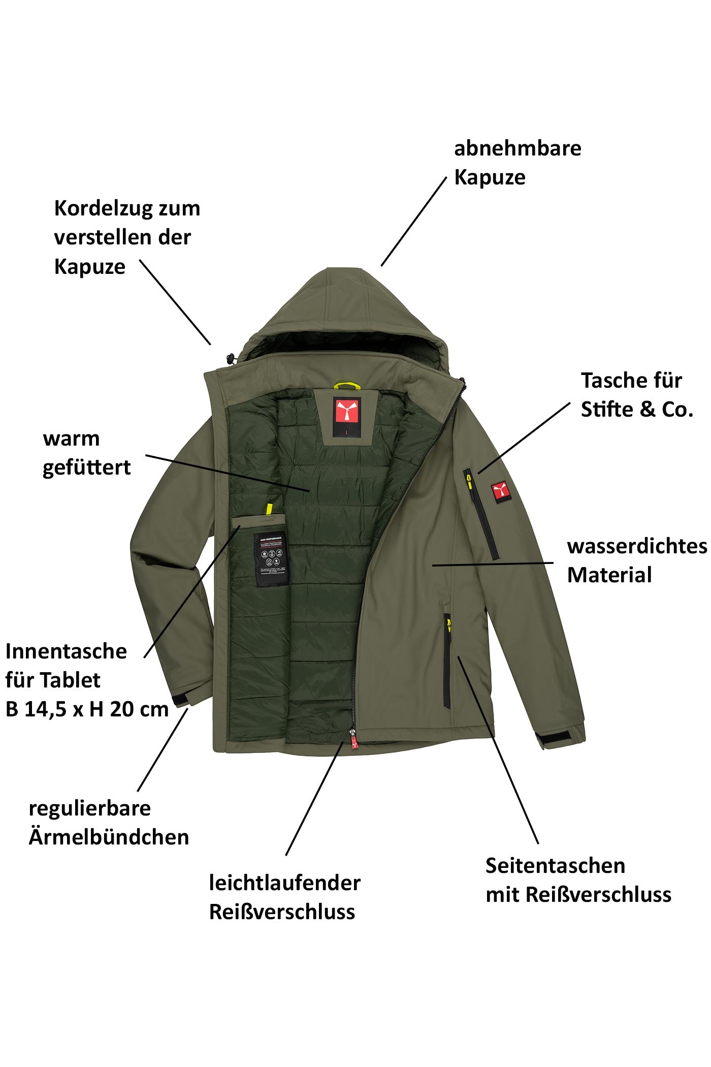 Winterjacke Herren Softshell mit vielen Taschen in Olivgrün
