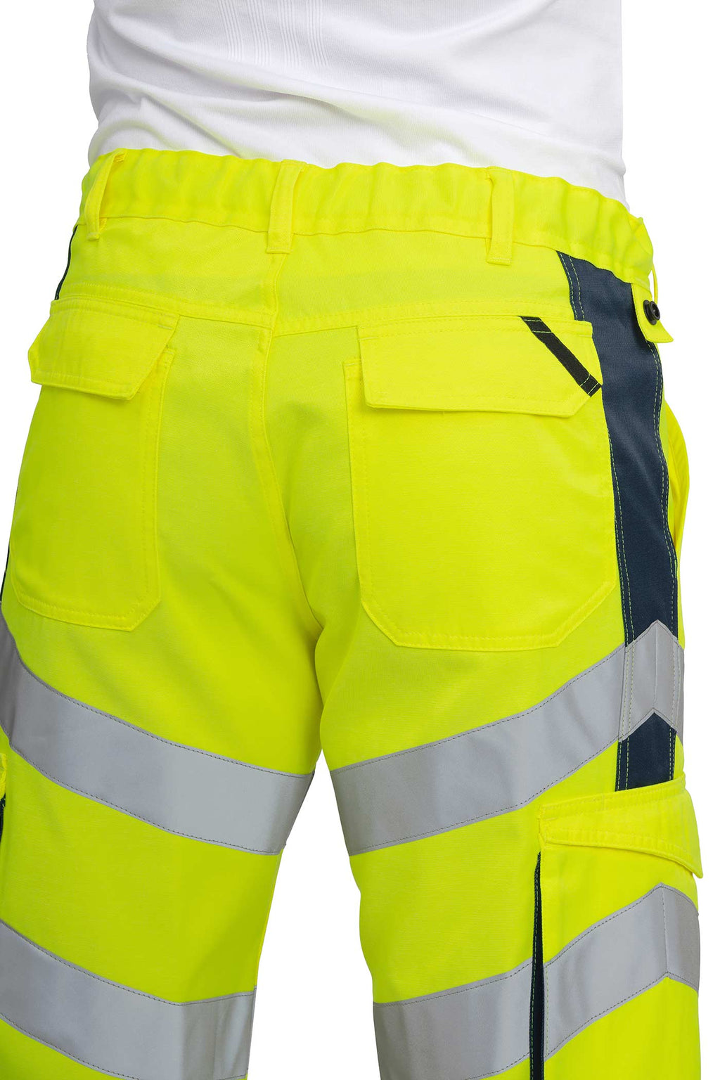Herren Warnschutzshorts Rueckseite Reflexstreifen Gelb-Dunkelblau