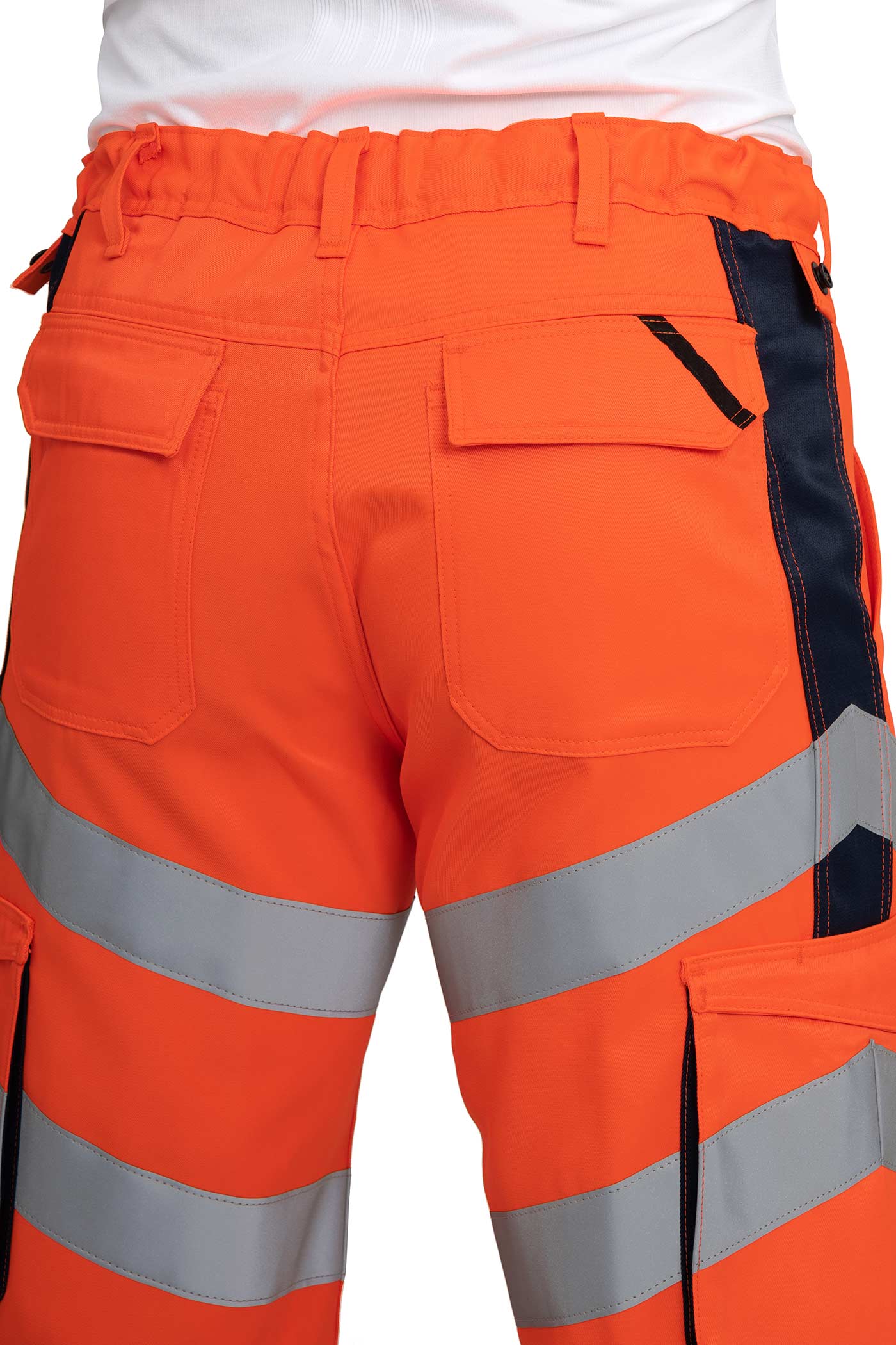 Herren Warnschutzshorts Rueckseite Reflexstreifen Orange-Dunkelblau