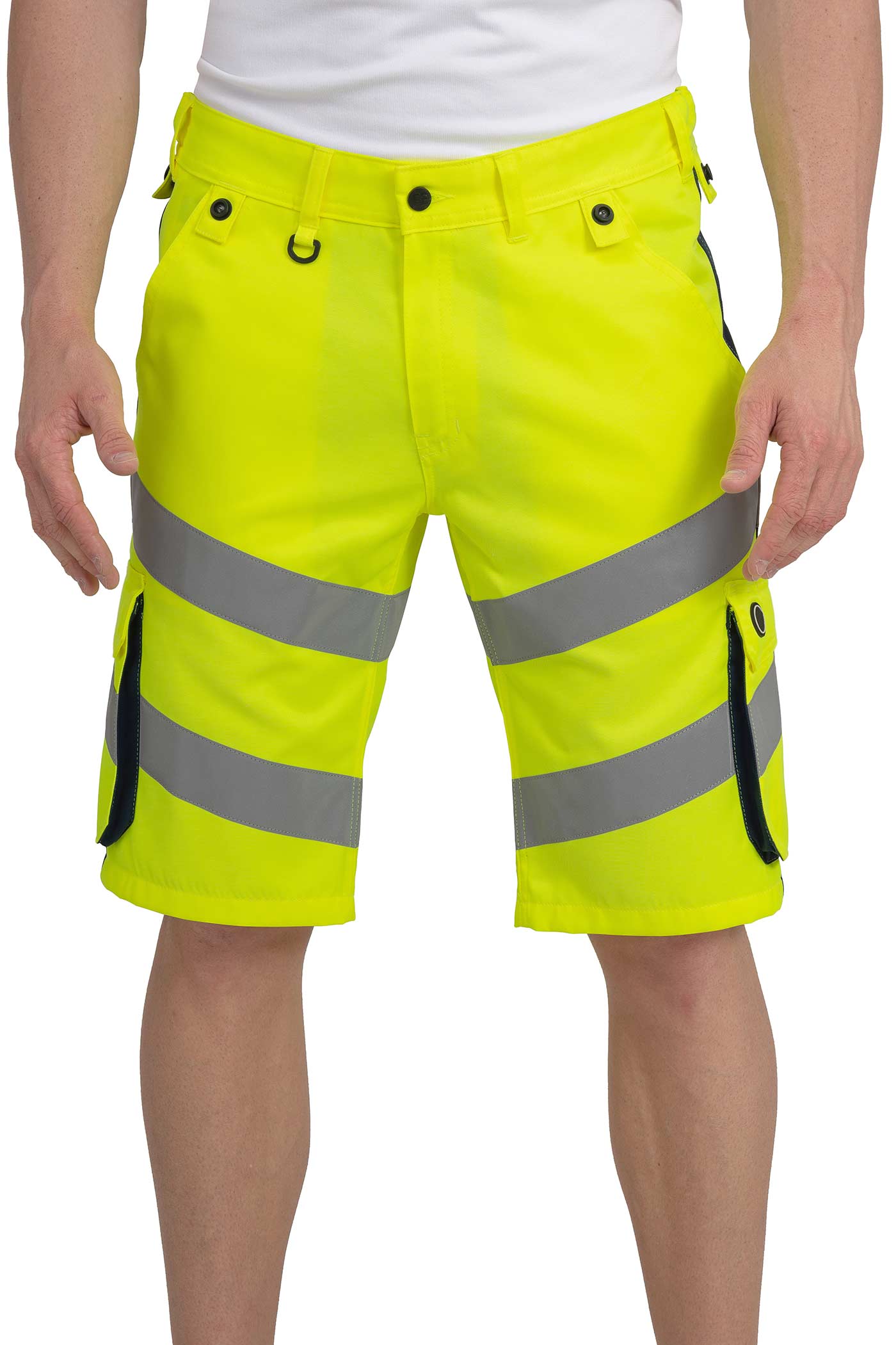 Herren Shorts Warnschutzhose mit vielen Taschen in Gelb-Dunkelblau