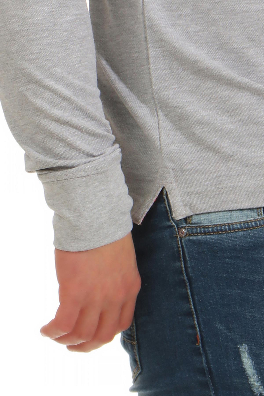 langarm Poloshirt Herren mit Feinripp in Grau meliert