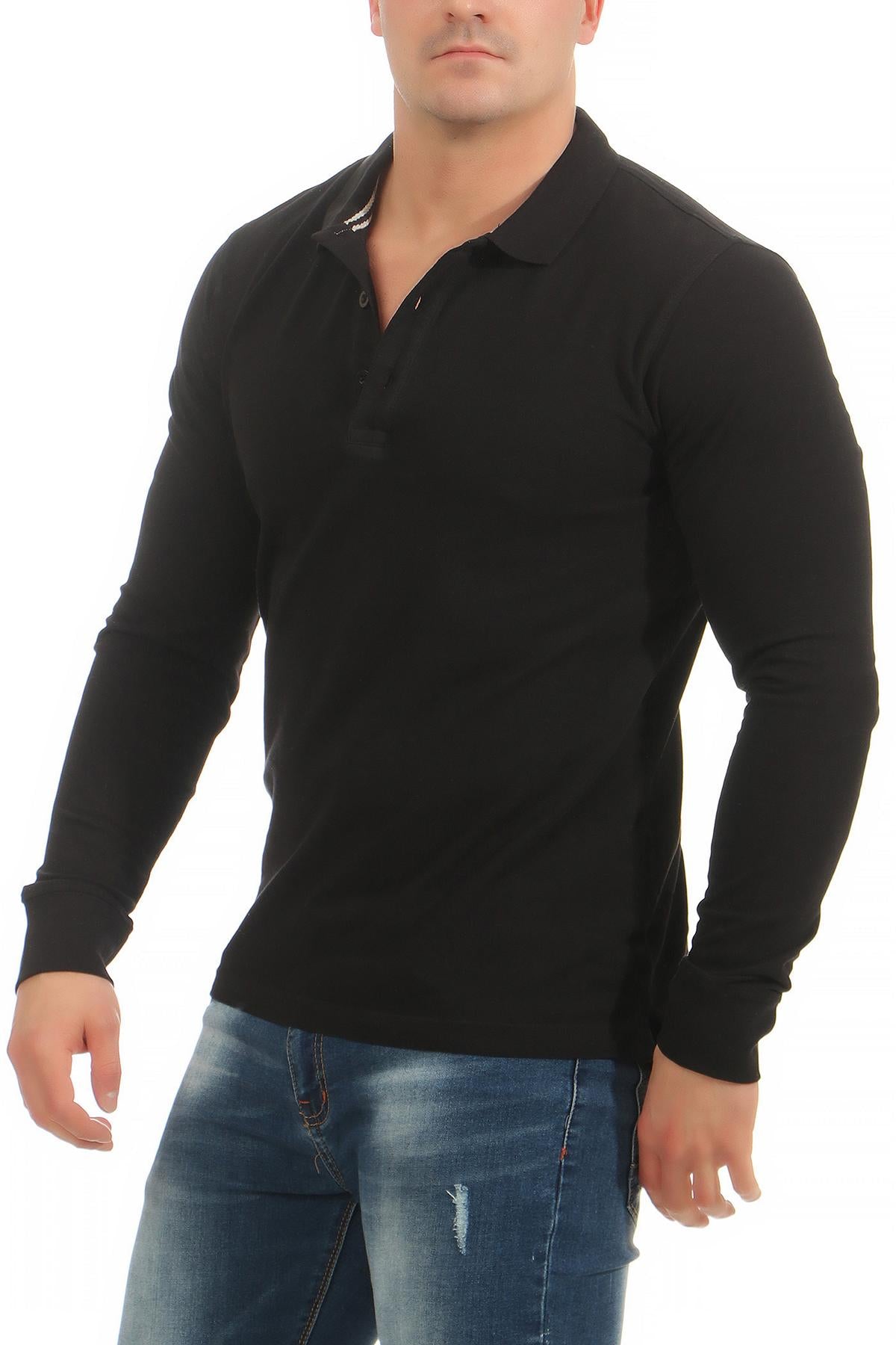 dreier Pack longsleeve Poloshirts mit Kragen in Schwarz